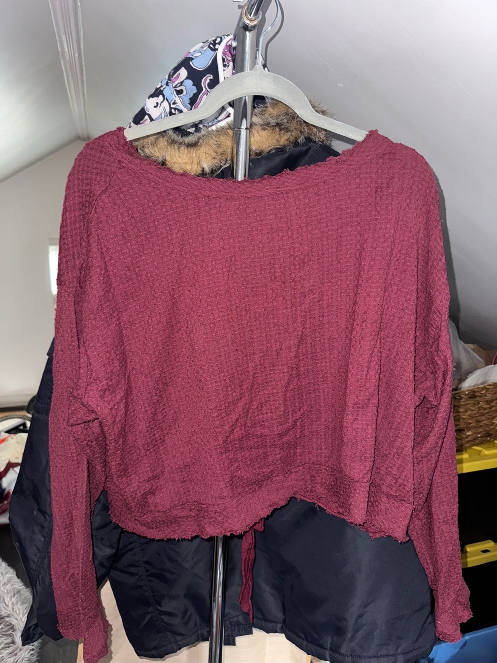 Free People Wine Textured Cropped Knit Top
